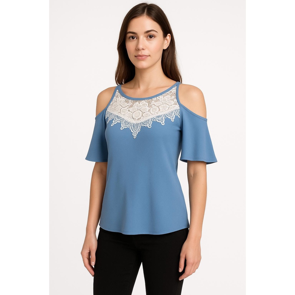 PAPAYA Blue Cold Shoulder‎ Lace Trim Blouse Womens Small